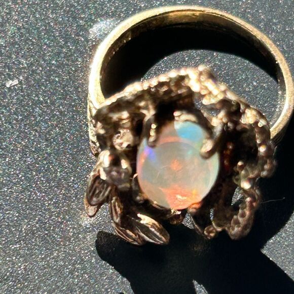 14K Genuine Opal Diamond Cocktail Ring Antiqued Cage Floral Motif Vintage Size 7 - Picture 17 of 17